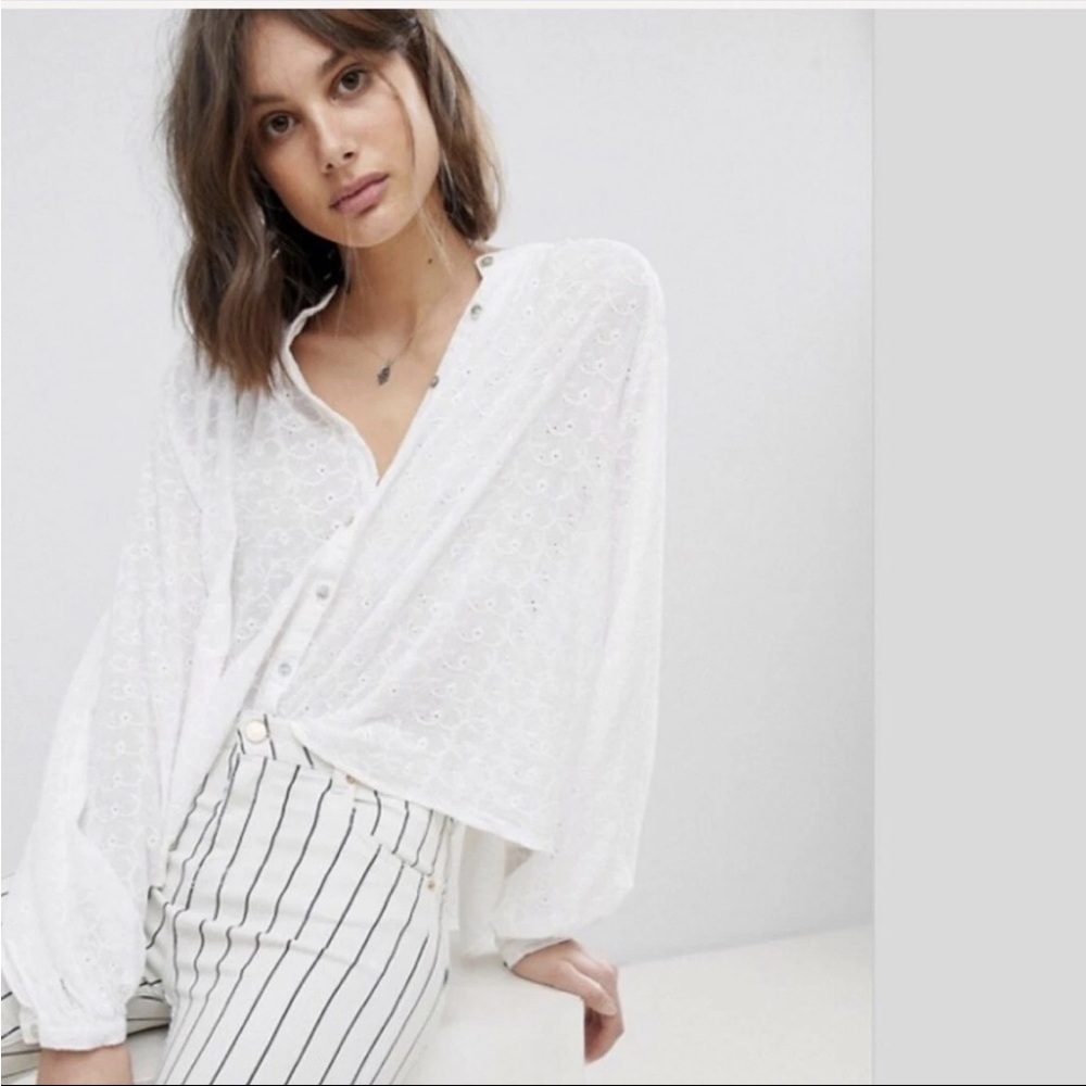 Free People DOWN FROM THE CLOUDS Embroidered Eyelet Blouse XS White Prairie